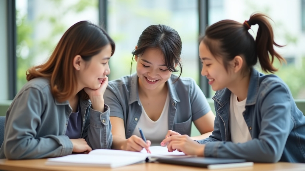 Skupina tří studentů sedící kolem stolu a studující korejštinu s učebnicemi a moderním tabletem