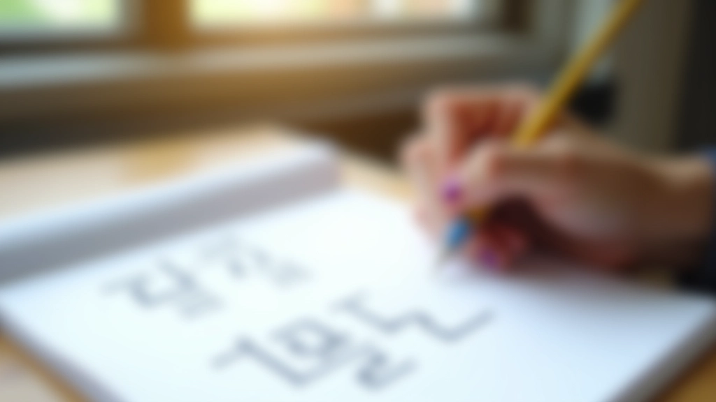 Notebook s rukou píšící korejská písmena, tužka, vzdělávací materiály na stole