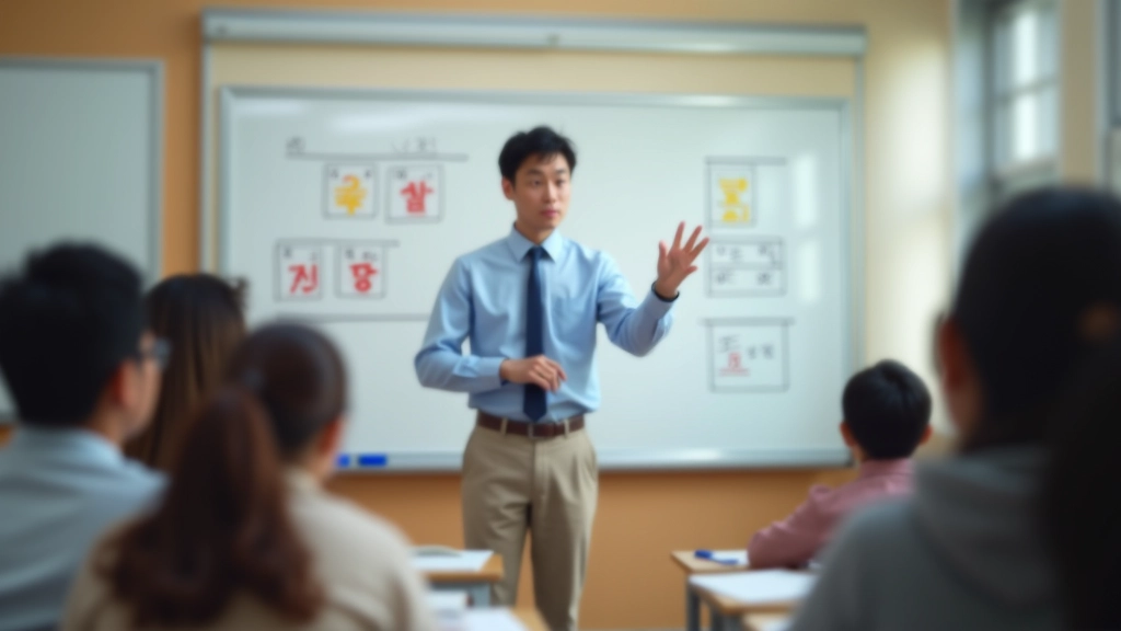 Profesionální lektor korejštiny vyučující studenty v interaktivní třídě s tabulemi s kórejskými znaky