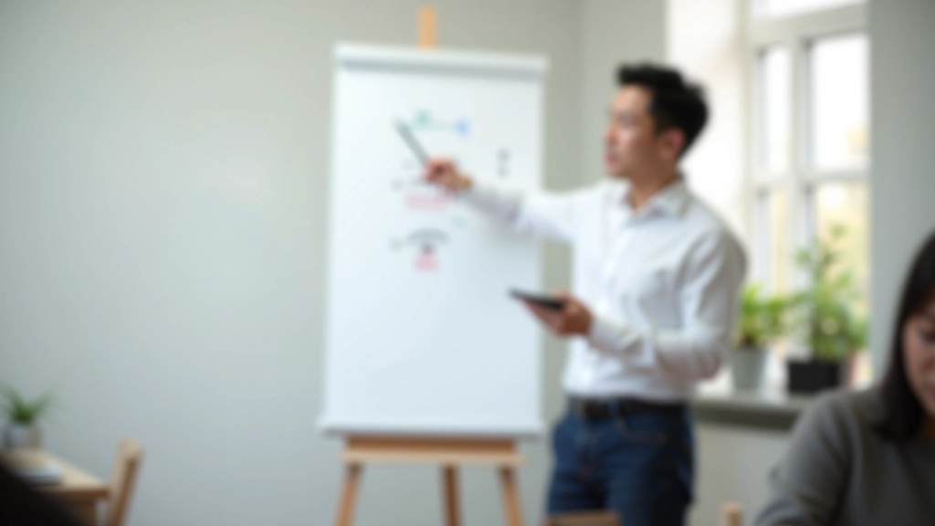 Učitelka vysvětlující korejský text na tabuli