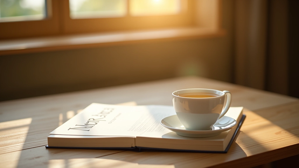 Kniha s korejským textem a šálek čaje, pohodlné studijní prostředí s přirozeným osvětlením