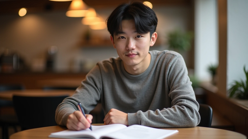 Muž s učebnicí korejštiny a poznámkami na stole v kavárně