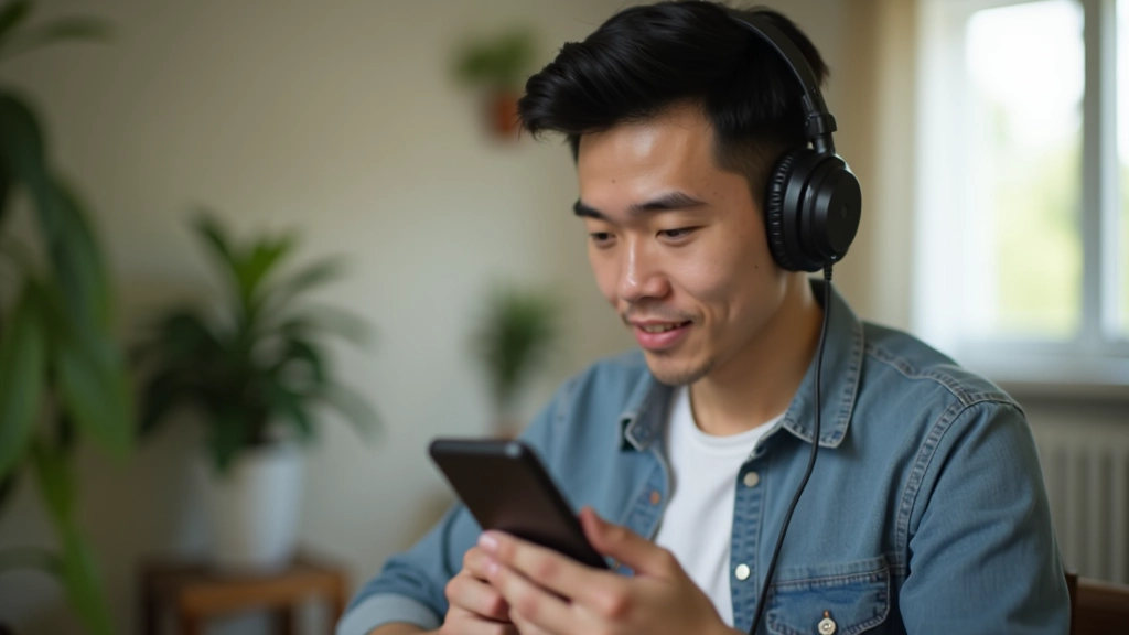 Muž s sluchátky poslouchá korejské podcasty na svém mobilu