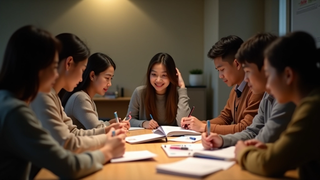 Skupina studentů se sesazená kolem stolu s učebnicemi a překladatelem