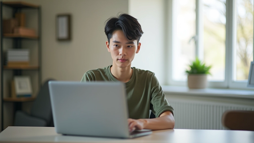 Student sedí u notebooku s otevřeným online kurzem korejštiny a přehrává lekci