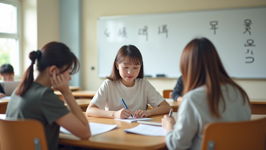 Tři studenti sedí v učebně a společně se učí korejštinu s tabulí s korejskými znaky v pozadí