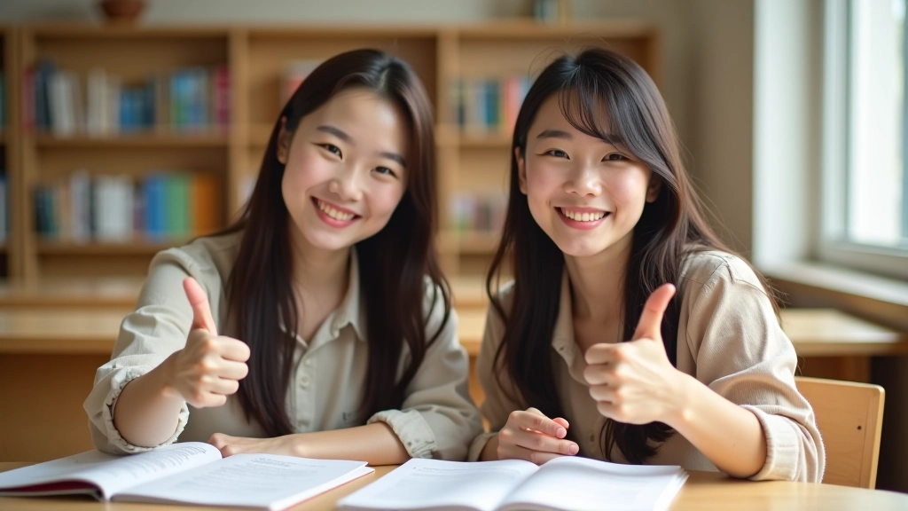 Dvě studentky se smějem sedí u stolu s korejskými učebnicemi a si zvyšují palec jako znamení úspěchu