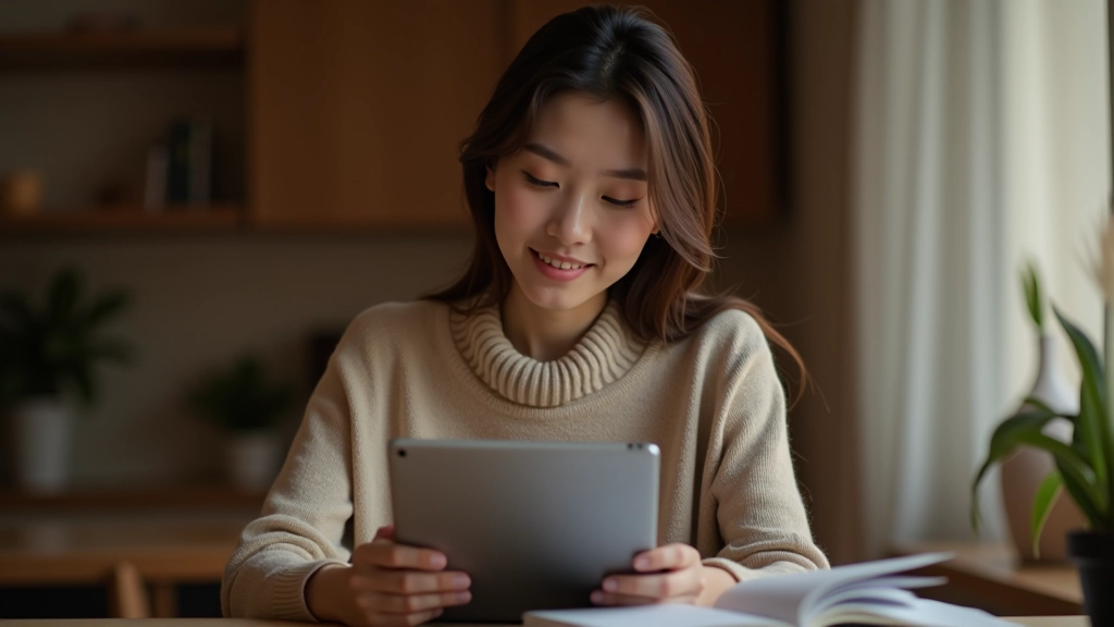 Žena sleduje korejský seriál na tabletu s textem na obrazovce, učí se nové slovo