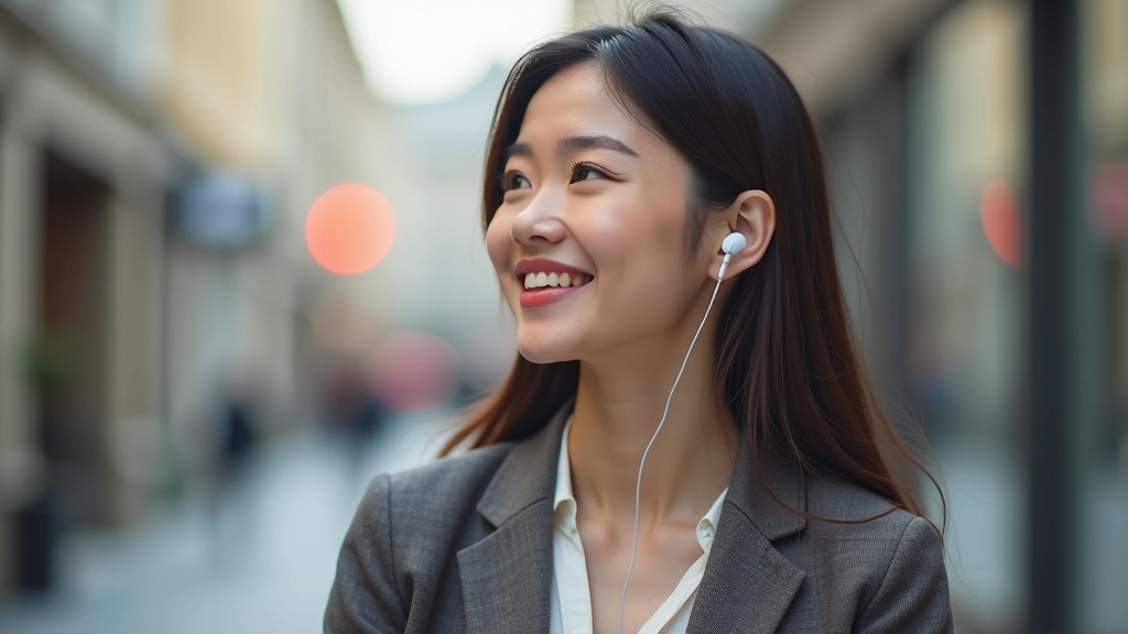 Žena poslouchá korejský podcast na svém telefonu se sluchátky, cestou domů z práce