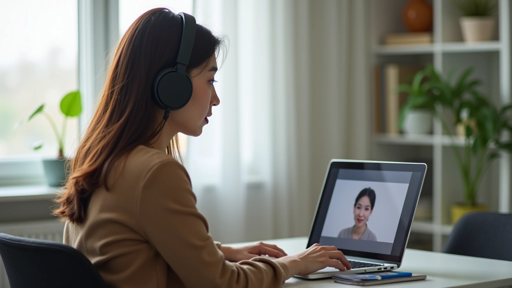 Žena s sluchátky sedí u notebooku a komunikuje s korejským učitelem přes video hovor