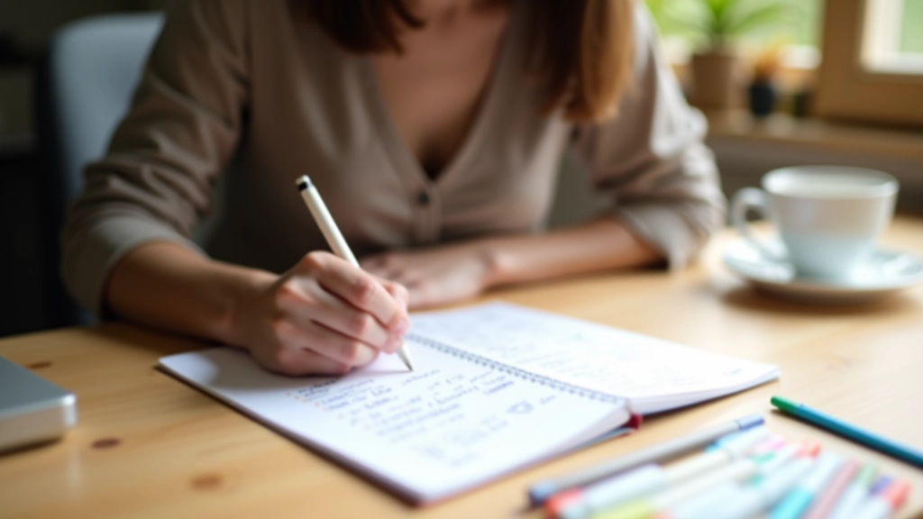 Žena si zapisuje nová korejská slova do sešitu s barevnými fixami