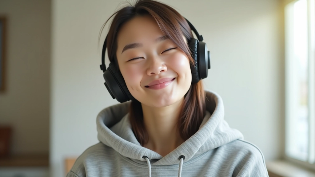 Mladá žena s sluchátky poslouchá korejskou hudbu, tancuje a užívá si učení přes hudbu