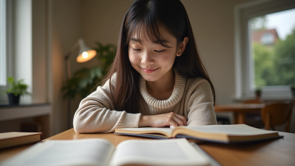 Mladá žena studuje korejský jazyk s učebnicí a notebookem v pohodlné domácí místnosti