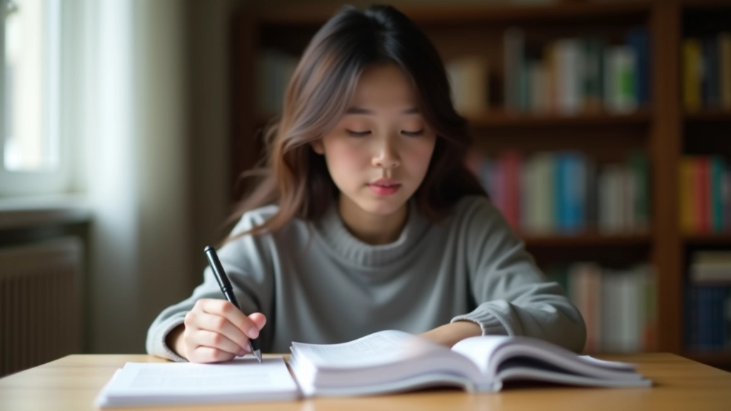 Studentka sedící u stolu s učebnicí korejštiny a poznámkovým blokem